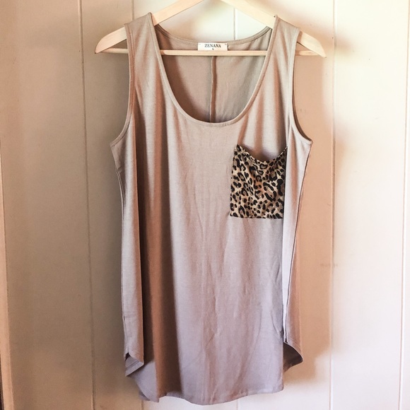 Zenana Outfitters Tops - Taupe Tank with Leopard Pocket